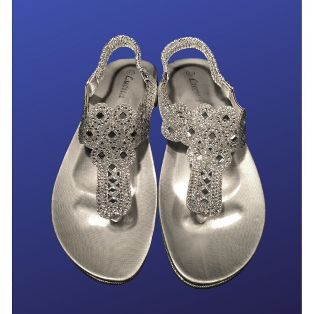 LUCITA Crystal T-strap Slingback Prom Wedding Flats, SILVER/CLEAR, Size 10, NWB*